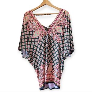 Nanette Lepore Boho Stretchy Swim Coverup Batwing Tunic black pink medium